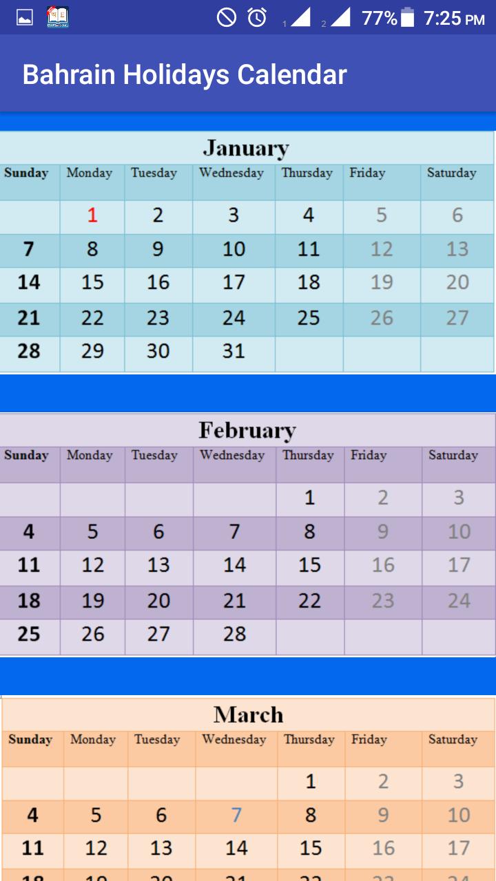 Bahrain Holidays Calendar